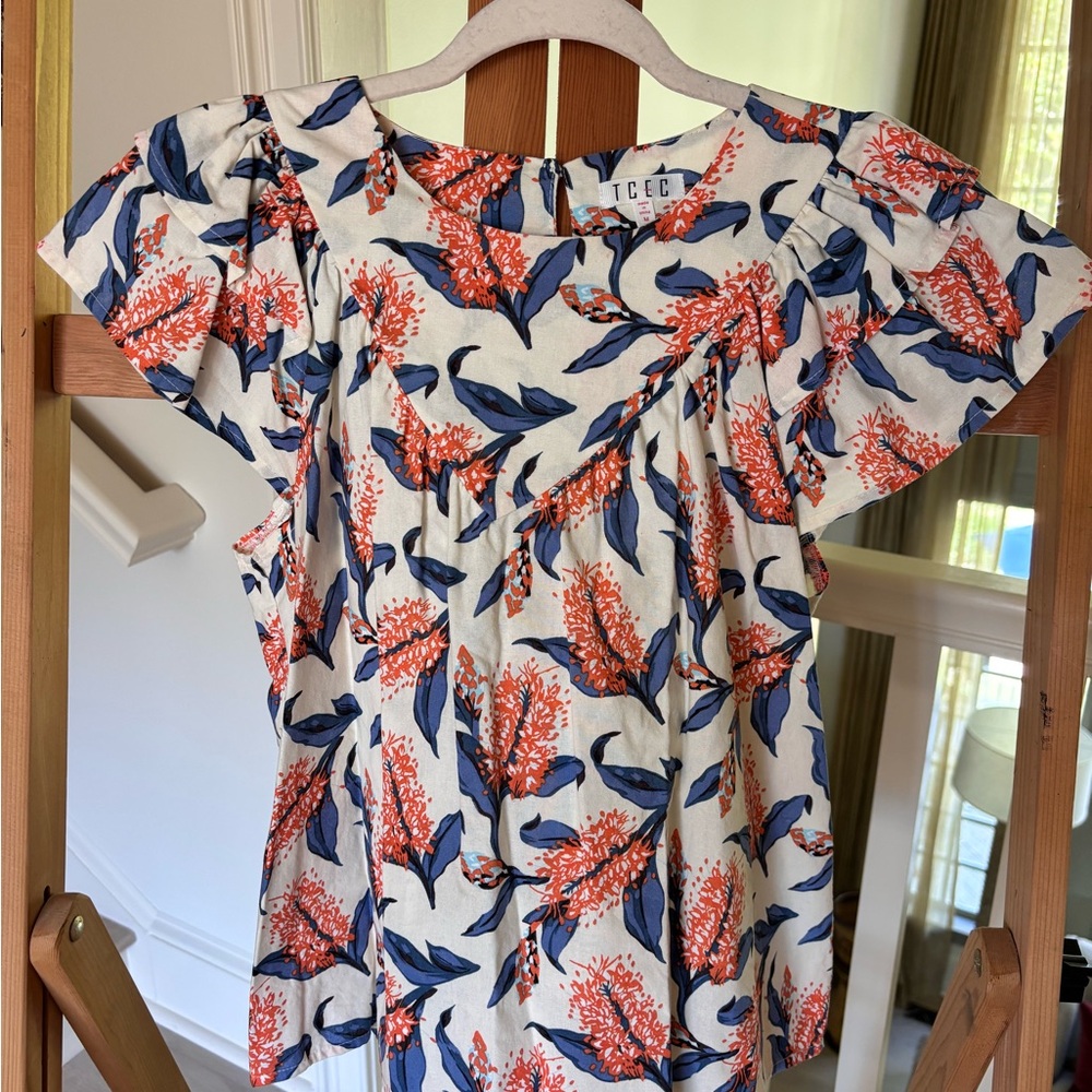 Floral Print Blouse with Red and Blue Accents